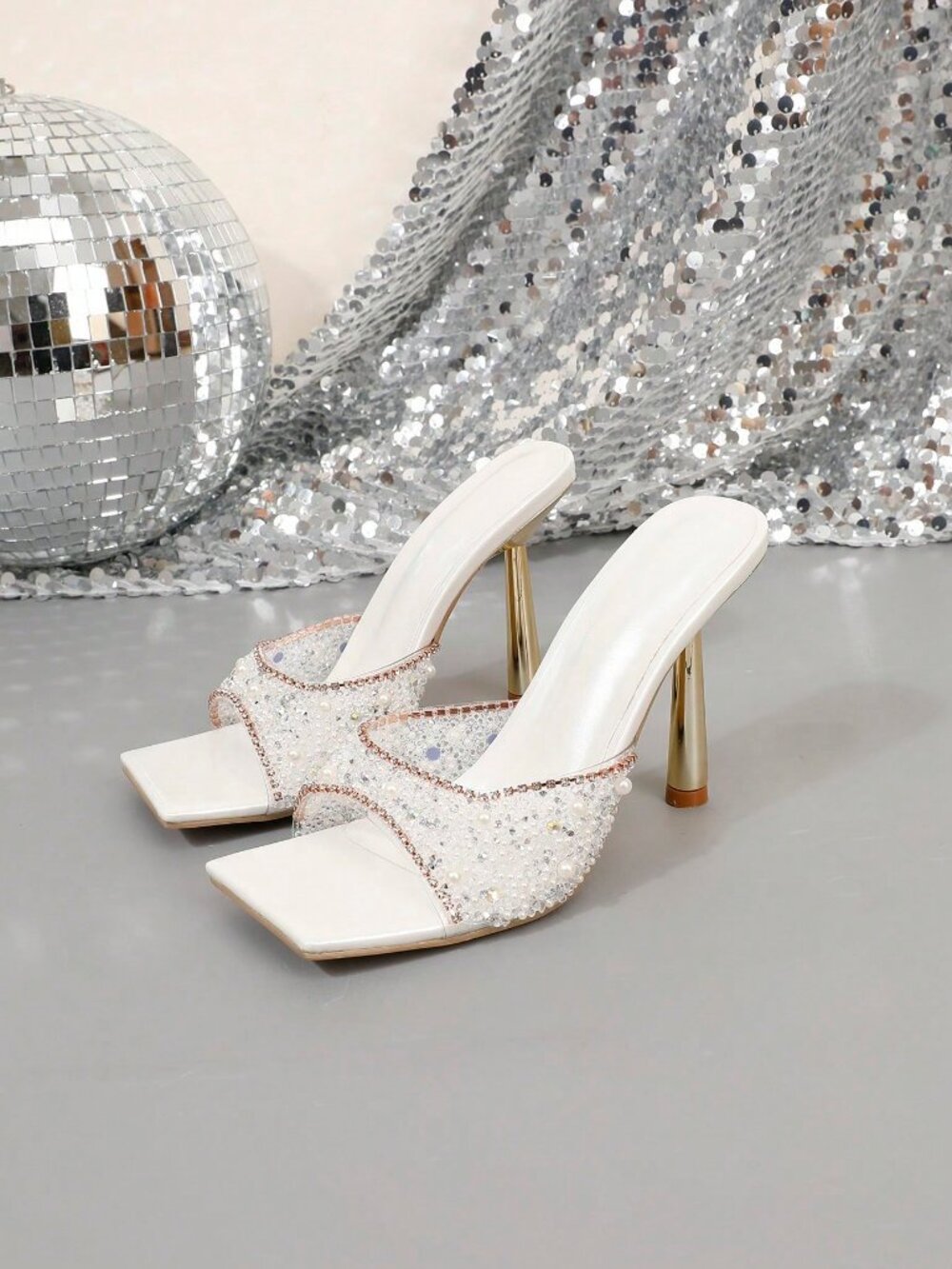 White Elegant Women's High Heel Rhinestone Embellished Sandals - Picture 6 of 7